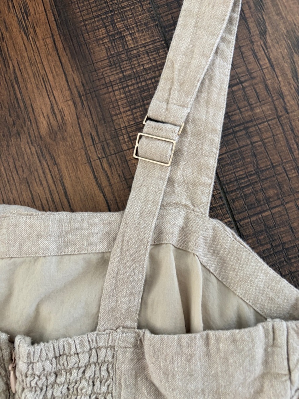 Abercrombie and Fitch Linen-Blend Ruched Squareneck Mini Dress in Beige - Picture 6 of 7